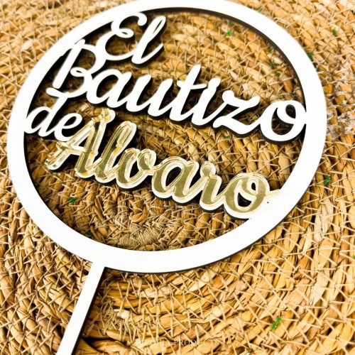 Topper bautizo personalizado madera y espejo
