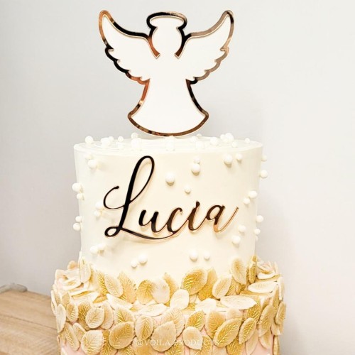 Topper ángel madera y oro espejo + topper nombre frontal
